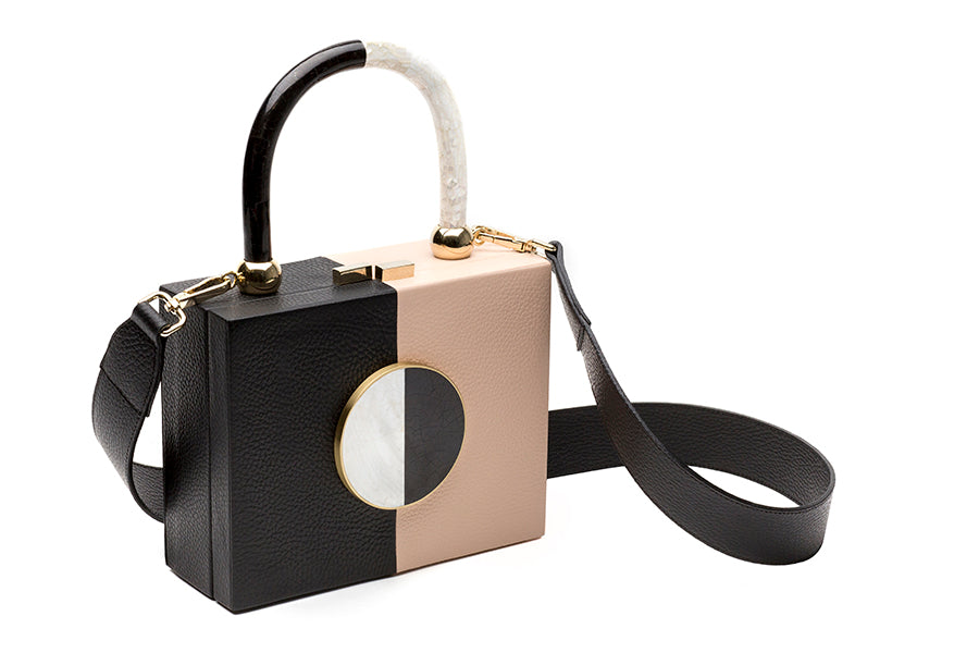 Nathalie Trad Otto HandBag-black and nude leather clutch bag with Black Lip and Kabibe shell component details.