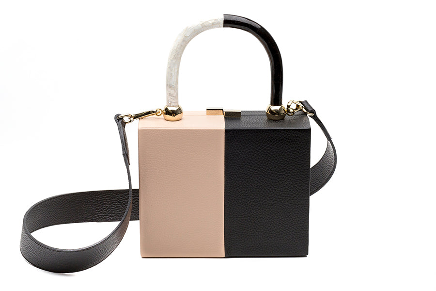Nathalie Trad Otto HandBag-black and nude leather clutch bag with Black Lip and Kabibe shell component details.