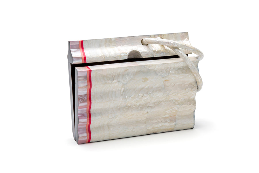 Nathalie Trad Salvador Clutch Bag- Kabibe shell clutch with Black Tab, Cherry Resin and Rose Hammer shell details.