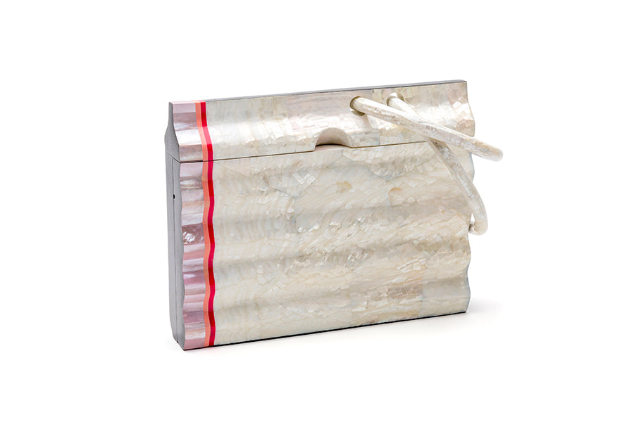 Nathalie Trad Salvador Clutch Bag- Kabibe shell clutch with Black Tab, Cherry Resin and Rose Hammer shell details.