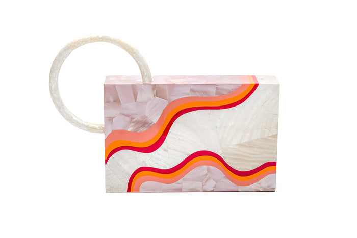 Nathalie Trad Sol Clutch Bag- Kabibe shell clutch bag with rose hammer shell, fruit punch resin details